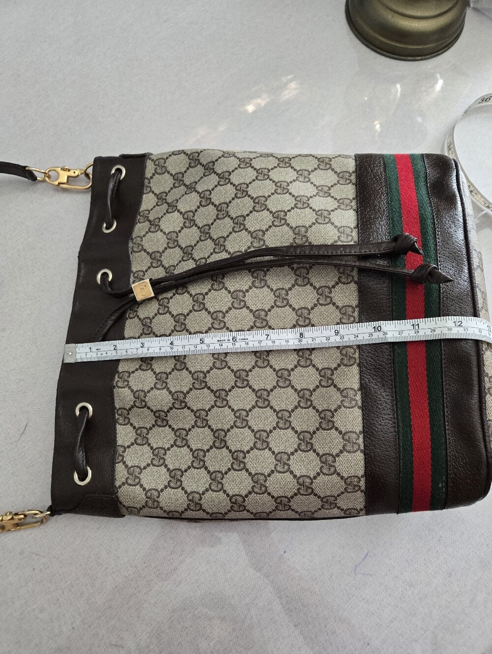 Gucci Beige GG Supreme Canvas Bucket Bag with Green and Red Web Stripe - Picture 9 of 10